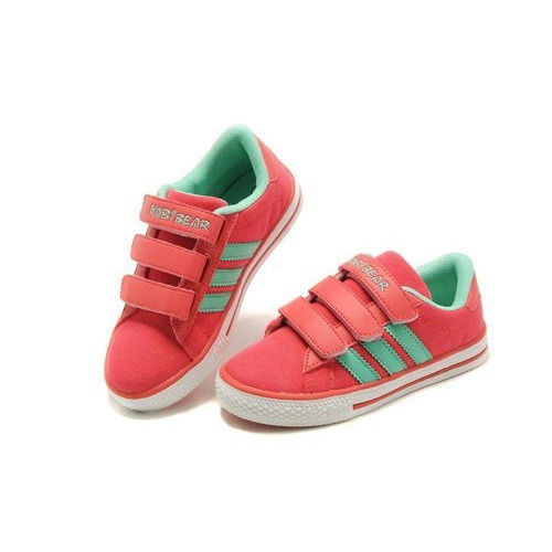 Breathable Low Heel, Red Color Velcro Canvas Kids Shoes With White Color Sole