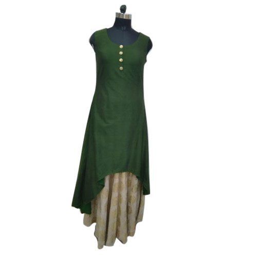 Washable Party Wear Ladies Two Layer Designer Green Colour Kurti With Sleeveless