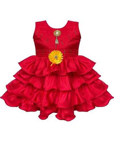 Girls Party Wear Round-neck Sleevelesss Red Plain Cotton Silk Frock