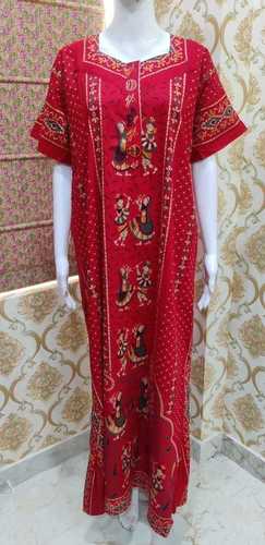 Red Color Comfortable Half Sleeves Cotton Printed Nighty For Ladies