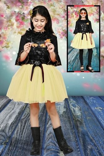 Yellow And Black Color Half Sleeves Girls Dress With Length 20 Inch And 20 Inch Bust Size