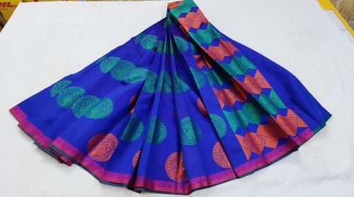 Women'S Blue Color Plain Weave Pure Cotton Silk Traditional Fancy Saree