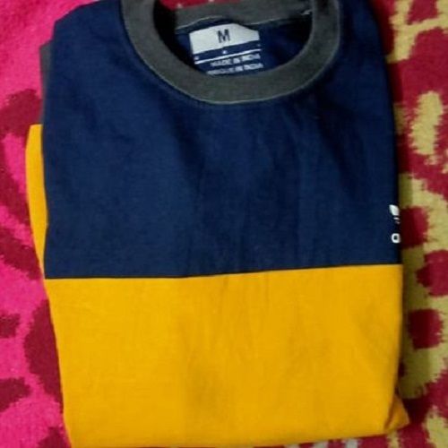 Cotton Blend Round Neck Regular Fit Half Sleeve Blue And Yellow Mens T Shirt Age Group: 19