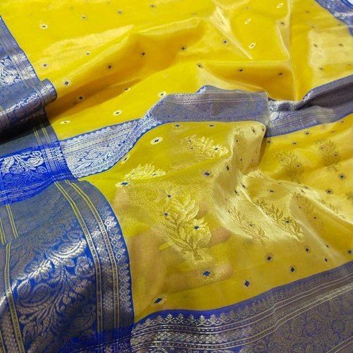 Cotton Silk Party And Casual Wear Yellow Adn Blue Colour Chandari Ladies Sarees