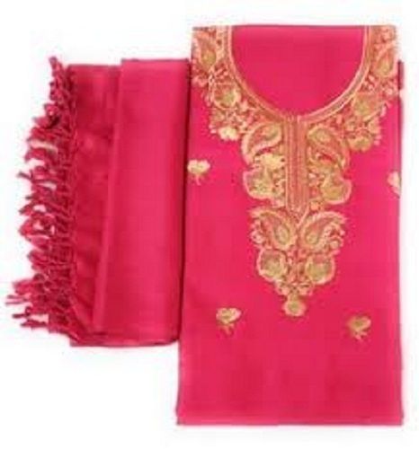 Women'S Pink Color Round Embroidered Neck Unstiched Cotton Salwar Suit With Dupatta Decoration Material: Cloths