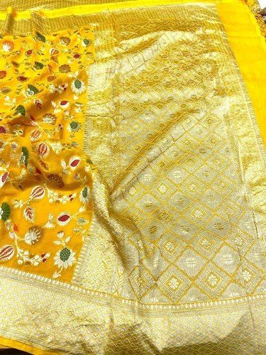 Yellow Pure Khadi Georgette Handloom Banarasi Saree With Blouse Piece