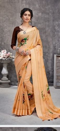 Casual Wear Cream Color Floral Print Design Banarasi Silk Sarees For Women