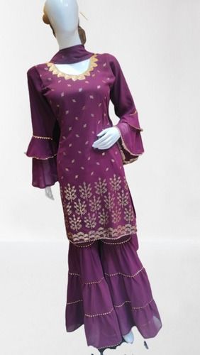 Indian Ladies Round-Neck Full Sleeves Purple Printed Cotton Silk Sharara Suit With Dupatta 