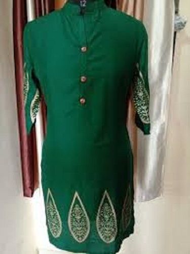 Casual Wear Printed 3/4 Sleeves Green Fancy Long Kurti For Ladies Decoration Material: Beads