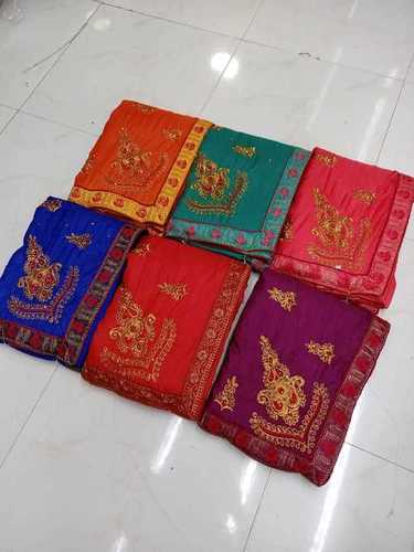 Red Ladies Designer Embroidered Party Wear Cotton Saree With Blouse Piece