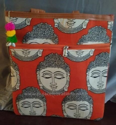 Orange Buddha Printed Kalamkari Handbag For Personal Use Wit Cotton Fabrics