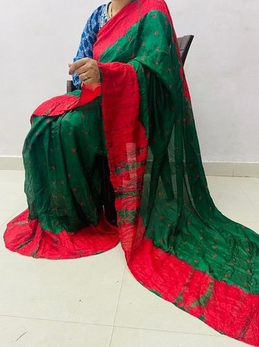 Summer Comfortable Banarasi Cotton Printed Green And Red Colour Saree For Ladies, Daily Wear