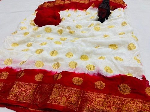 Cotton Silk Comfortable White And Red Colour Saree For Ladies, With Blouse Piece Banarasi Saree