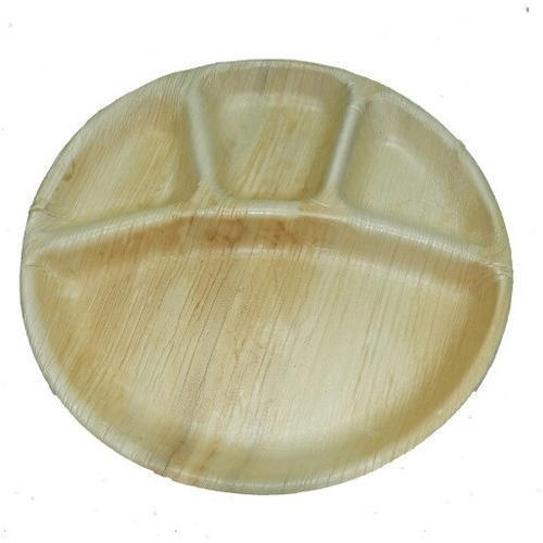 Round Nature Friendly Plain Brown Color 4 Compartment Areca Leaf Plate For Party & Event Supply