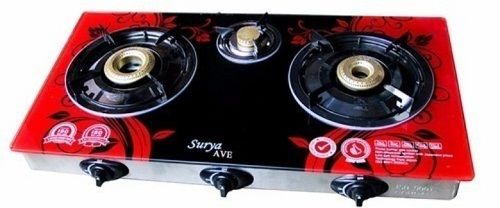 Safe To Use Red And Black Printed Glass Top Three Burner Gas Stove For Kitchen