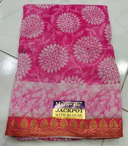 Black Anti Wrinkle And Fade Pink Color Floral Printed Chiffon Saree For Casual Wear