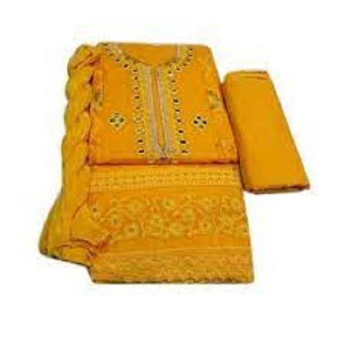 Skin Friendliness Yellow Embroidered Style Thread And Stone Work Unstitched Ladies Suit Decoration Material: Beads