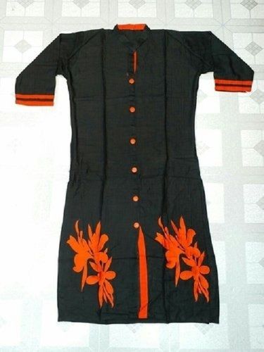 Smooth Texture Tear Resistance Light Weight Black And Orange Casual Wear Rayon Ladies Kurti Decoration Material: Paint