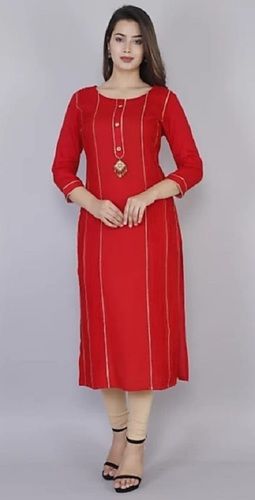 Comfortable To Wear Red Knee Length 3-4th Sleeves Round Neck Casual Wear Ladies Kurta