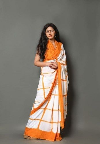 Eco Friendly Lightweight Comfortable To Wear Orange And White Printed Ladies Cotton Saree