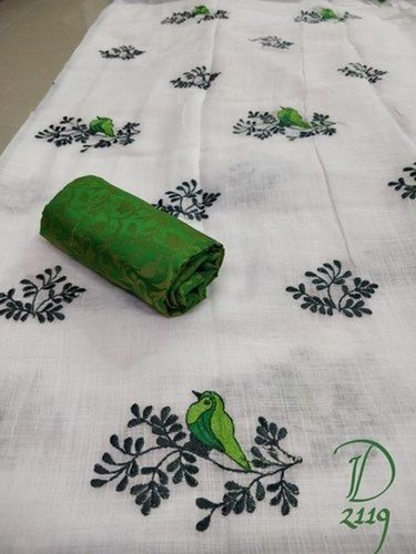 White And Green Embroidered Printed Linen Cotton Saree With Thread Embroidery Work