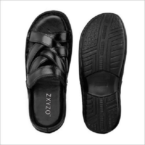 Rubber Skin Friendliness Slip Resistance Cross Style Daily Wear Black Leather Mens Slipper