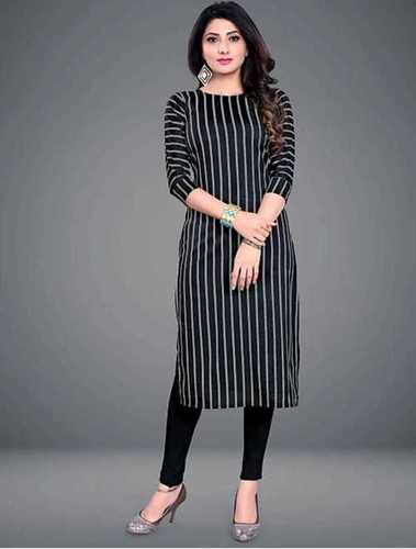 Black Color Round Neck 3-4Th Sleeves Style White Striped Ladies Kurti For Casual Wear Bust Size: 12 Inch (In)