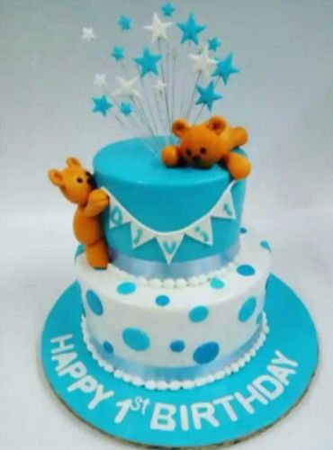 Blue And White Birthday Cake For Child's 1st Birthday Memories With Fancy Cakes From Ribbons And Balloons