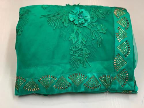Jazzy Green Color Designer Soft Net Fancy Ribbon Work Border Saree