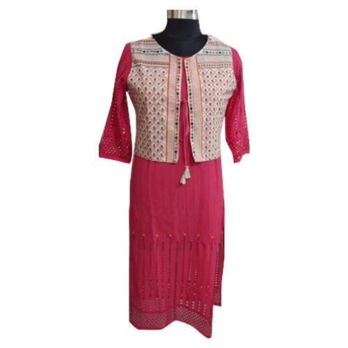 Quick Dry Party Wear Pink Colour Ladies Kurti With Jacket And Cotton Materials, Normal Wash