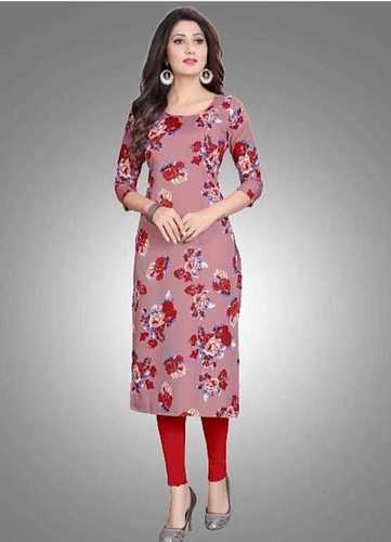 Pink Color Floral Printed Pattern Round Neck 3-4th Sleeves Style Ladies Kurti