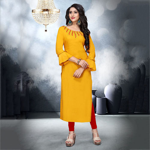 Anti Shrink and Anti Wrinkle Yellow Color Fancy Kurti 