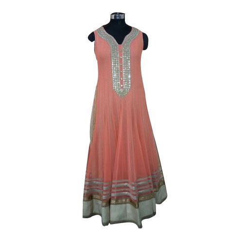 Indian Peach Colour Sleeveless Net Anarkali Ladies Salwar Kameez For Casual Wear