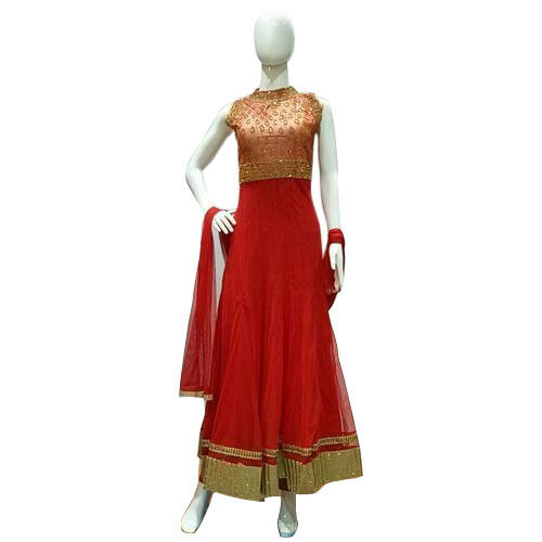 Sleeveless Party Wear Red Colour Ladies Anarkali Suits For Party Wear Decoration Material: Beads