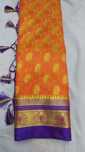 Khadi Women'S Orange And Blue Printed Cotton Silk Designer Sarees For Party Wear