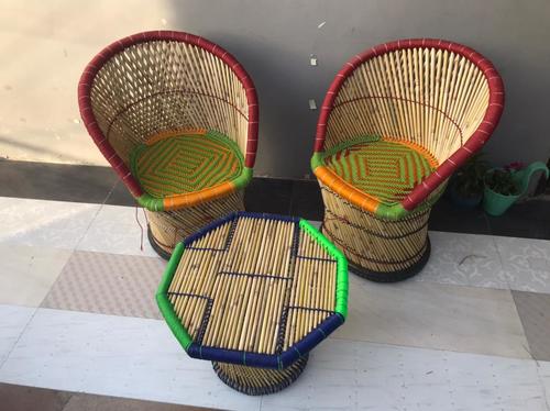 Handmade Cane Bamboo Muddha Chairs With Table For Indoor/Outdoor Use