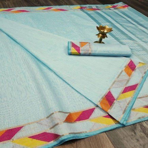 Winter Ladies Casual Wear Sky Blue Plain 100% Handloom Soft Cotton Saree