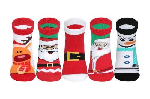 Multicolor Printed Christmas Theme Kids Combed Cotton Ankle Length Socks Pack Of 5