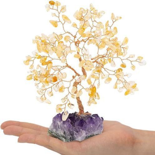 Durable Genuine Citrine Stone Tree With Polished Wooden Base Home Decorative Showpiece