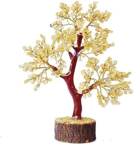 Citrine Stone Decorative Tree - Round Shape, Durable & Washable, Carved Feng Shui Style with Polished Wooden Base