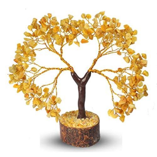 Wooden Base Home Decorative Yellow Color Genuine Money Crystal Citrine Stone Tree