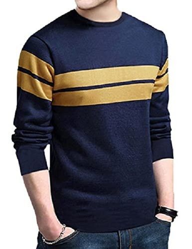 Cotton Dark Blue Color Full Sleeves Round Neck Style With Golden Strip T Shirts For Mens