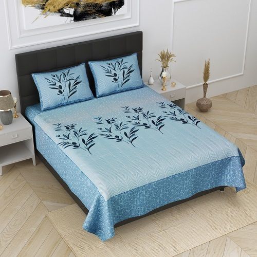 Washable Extra Softness Blue Colored Printed Cotton Bed Sheet With Two Pillow Covers