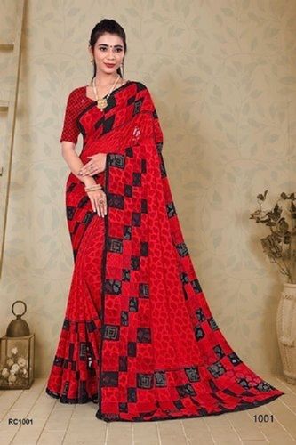 Red Color Printed Pattern Cotton Ladies Saree With Unstitched Blouse Piece