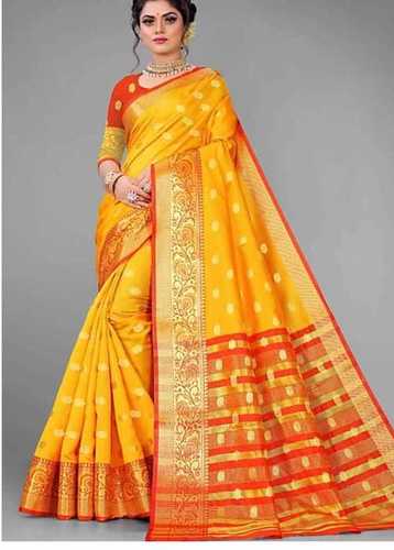 Printed Yellow And Red Color Jacquard Saree With Unstitched Blouse For Party And Festival Wear