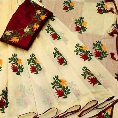 Summer Embroider Party Wear Sandals Red Color Cotton Saree With Blouse Piece Set