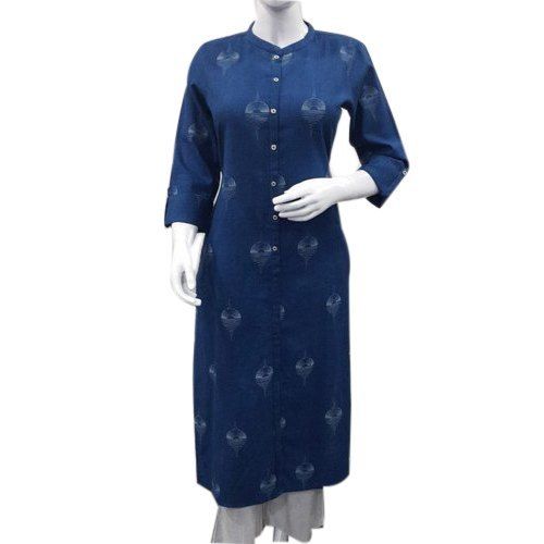 Silk Navy Blue Colour Full Sleeve And Closed Neck Design Ladies Cotton Kurti