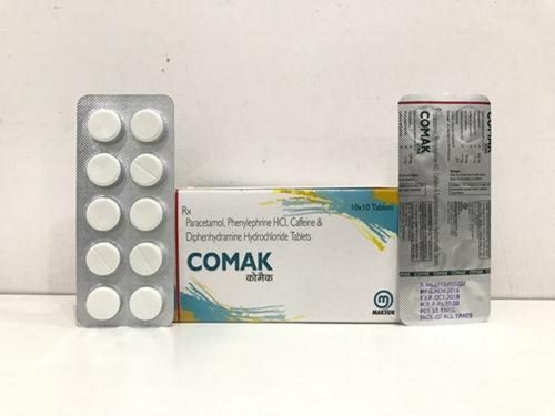  COMAK फिनाइलफ्राइन, पेरासिटामोल, कैफीन और डीफेनहाइड्रामाइन टैबलेट, 10x10 ब्लिस्टर 