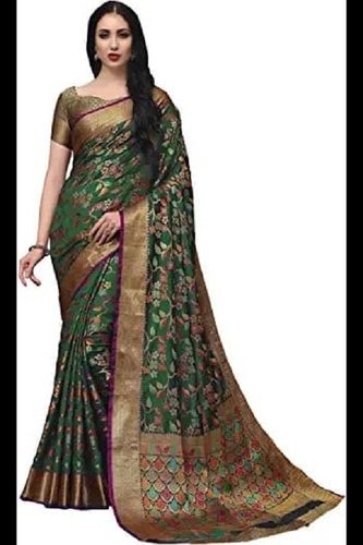 Party Wear Elegant And Beautiful Golden And Green Color Banarasi Silk Ladies Saree