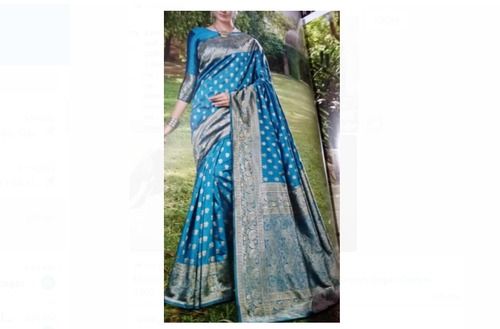 Cotton Fancy Embroidery Work Blue Color Banarasi Traditional Saree With Designer Blouse Piece